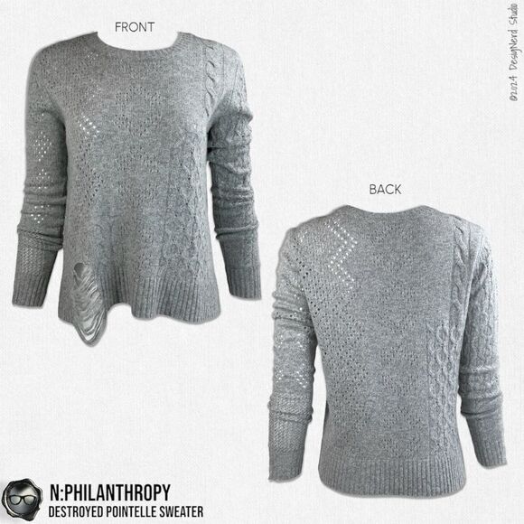 N:PHILANTHROPY DECONSTRUCTED POINTELLE CABLE KNIT SWEATER SHADOW WOOL CASHMERE - Picture 15 of 15